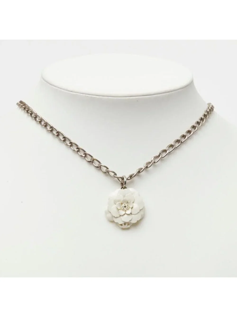 Chanel CC Logo Camellia Motif Necklace Silver White Metal